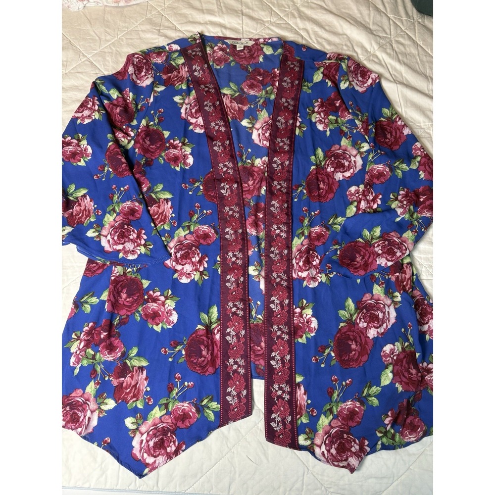 The Pioneer Woman Floral‎ Kimono Cardigan L/XL Blue Pink Rose Boho Duster 26x33